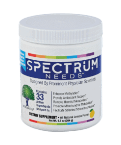 Spectrum Needs product bottle against a white background. The product name is in white text against a dark blue color band that wraps around the bottle.