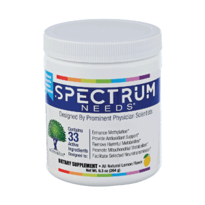 Spectrum Needs product bottle against a white background. The product name is in white text against a dark blue color band that wraps around the bottle.