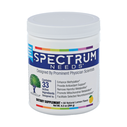 Spectrum Needs product bottle against a white background. The product name is in white text against a dark blue color band that wraps around the bottle.