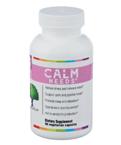 CalmNeeds product bottle against a white background. The product name is in white text against pink color band that wraps around the bottle.