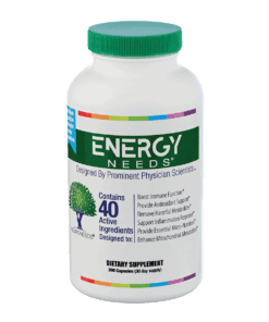 EnergyNeeds product bottle against a white background. The product name is in white text against a dark green color band that wraps the bottle. Subtitle says Contains 40 Active Ingredients