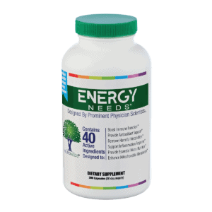 EnergyNeeds product bottle against a white background. The product name is in white text against a dark green color band that wraps the bottle. Subtitle says Contains 40 Active Ingredients