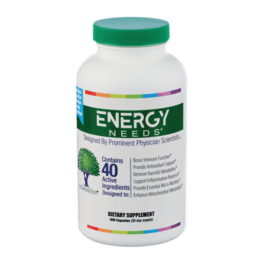 EnergyNeeds product bottle against a white background. The product name is in white text against a dark green color band that wraps the bottle. Subtitle says Contains 40 Active Ingredients