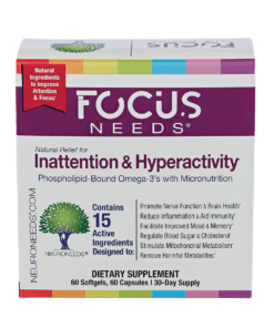 FocusNeeds product box with the product name in white against a purple color band and a subtitle stating Inattention & Hyperactivity