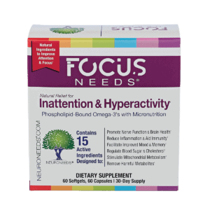 FocusNeeds product box with the product name in white against a purple color band and a subtitle stating Inattention & Hyperactivity