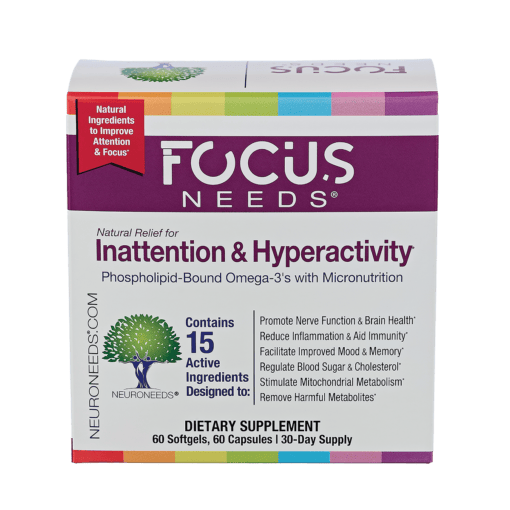 FocusNeeds product box with the product name in white against a purple color band and a subtitle stating Inattention & Hyperactivity