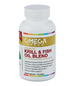 OmegaNeeds product bottle against a white background. Label has the name in gold with purple description of Krill & Fish Oil Blend