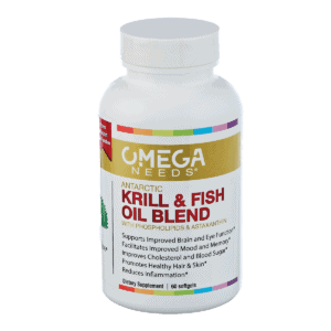 OmegaNeeds product bottle against a white background. Label has the name in gold with purple description of Krill & Fish Oil Blend