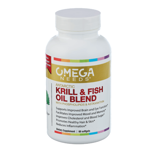 OmegaNeeds product bottle against a white background. Label has the name in gold with purple description of Krill & Fish Oil Blend