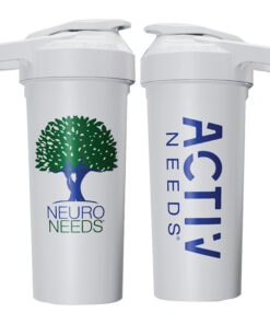 Neuroneeds shakers facing each other, showing both sides of the shaker with ActiveNeeds on one side and the NeuroNeeds tree logo on the other, against a white background