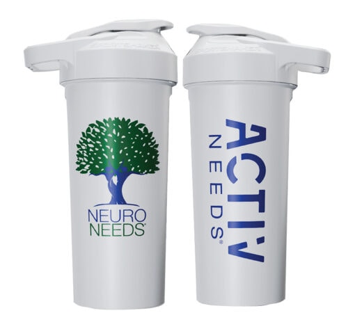 Neuroneeds shakers facing each other, showing both sides of the shaker with ActiveNeeds on one side and the NeuroNeeds tree logo on the other, against a white background