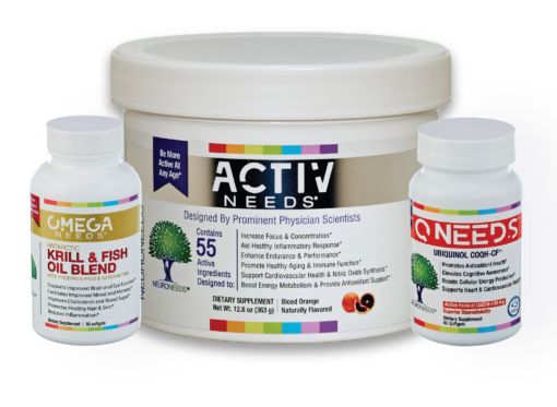 Activ Needs Bundle product photo with ActivNeeds, QNeeds, and OmegaNeeds product bottles against a white background.