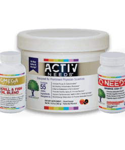 ActivNeeds, OmegaNeeds, and QNeeds bottles together against a white background